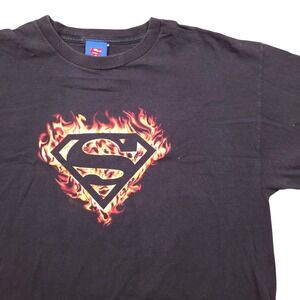 VTG Y2K Flaming Superman Graphic Short Sleeve T-Shirt DC Comics Black‎ Mens XL